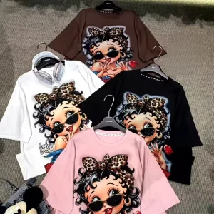 Women’s Cotton Summer T-Shirt Loose Fit Bling Bling Casual Style XL Size Long Cartoon Rhinestones Diamond Decorations Breathable