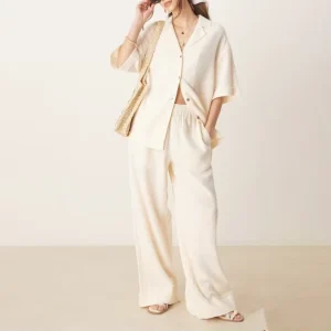 Women’s Cotton for Lounge Wear 2 Piece Set Oversize Long Sleeve Shirt & Wide Leg Pants Embroidered Casual Design custom logo loungewear sets