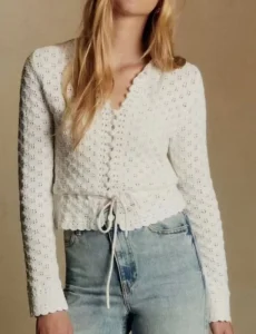 Women’s Country-style Autumn/Winter Organic Cotton Hooked Embroidered Buttoned Knitted Openwork Drawstring Belled Crew Neck Top