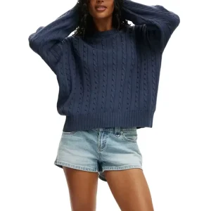Women’s Crew Neck Cable Knit Sweater Soft 100% Cotton Daily Outfits OEM Service