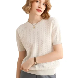 Women’s Crew Neck Cashmere Sweater Knitwear Pullover Short Sleeve
