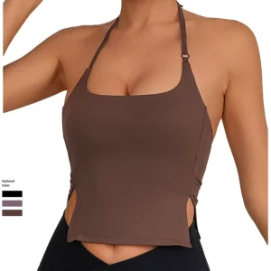Women’s Crew Neck Halter Sports Bra Adjustable Metal Ring Double Side Slits Open High Support Breathable Lightweight Front