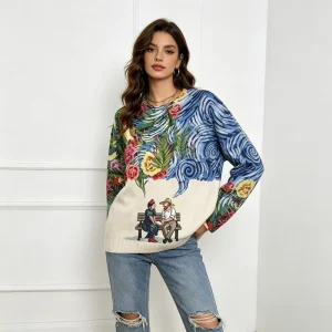 Women’s Crew Neck Knit Sweater Loose Fit Starry Night Floral Art Print Bohemian Style All Season Versatile Daily Wear