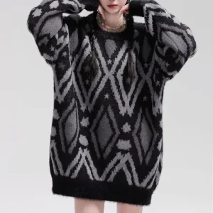Women’s Crew Neck Knitted Jumpers Preppy Style Argyle Plaid Casual Long Sleeve Geometric Pattern Knitwear Tops Mohair Sweaters