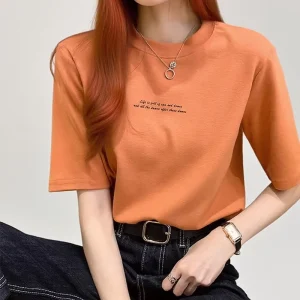 Women’s Crew Neck Short Sleeve Breathable Embroidered Logo Print Cotton T Shirts Blouses Tops for Women