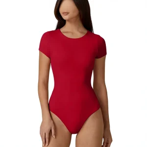 Women’s Crew Neck Short Sleeve Double Lined Solid Anti Wrinkle Slim Fit Bodysuit Basic T Shirt Tops 75% Polyamide 25%