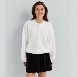 Women’s Crew Neck Single Breasted Loose Lantern Sleeve Short Knit Cardigan (Customizable)