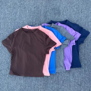Women’s Crew Neck Slim Fit Quick Dry Workout Crop Top T-shirt Yoga Short Sleeve Tummy Control Bodycon Slimming T-shirt