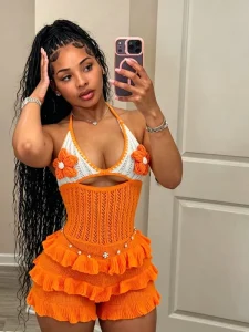 Women’s Crochet Knit Halter Jumpsuit Flower Hollow Out Ruffle Short Romper Sexy Summer Beach One Piece Outfit for Vacation