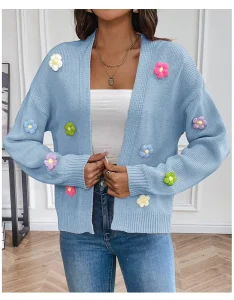 Women’s Crochet Loose Cardigan Sweater Coat With Sweet Flower Knit Geometric Pattern Crew Neck for Autumn Season Christmas