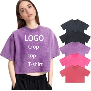 Women’s Crop Top T Shirt Custom logo Acid Wash Vintage Cut Cotton Tshirts Sexy Girl for Women Tee Cropped T shirt Streetwear