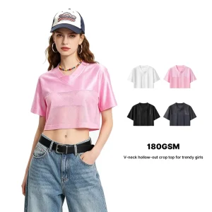 Women’s Crop TopStreet-style Millennial Retro V-neck Cut-out Spice Girl Short-sleeved T-shirt Summer Patchwork Design