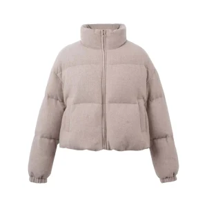 Women’s Cropped Cashmere Puffer Jacket Goose Down Filled Stand-Up Collar Oversized Fit