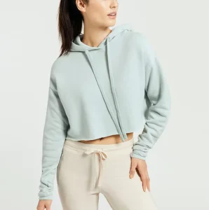 Women’s Cropped Hoodie Light Blue Long Sleeve Casual Sports Sweatshirt with Drawstring