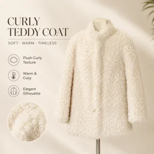 Women’s Curly Teddy Coat Stand Collar Button Front Mid Length Warm Cozy Timeless Elegant Winter Outerwear