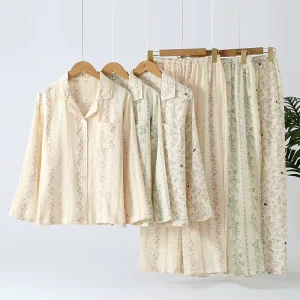 Women’s Custom 100%Cotton Pajamas Set Flowers Printed Long Sleeved Loose Homewear Double Layer Gauze 3XL Sleepwear