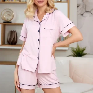 Women’s Custom Bamboo Silk Cotton Loungewear Set Short Tops Pattern Drawer Pyjamas Short Length Sleepwear