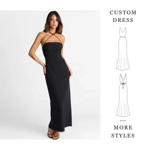 Women’s Custom Black Halter Maxi Dress Bandeau Bodycon Evening Gown with Metal Detail China Factory Low MOQ