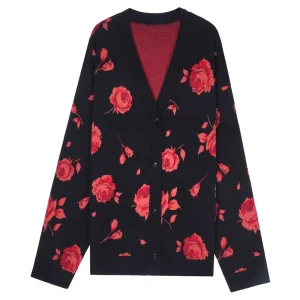 Women’s Custom Cashmere Cotton V Neck Long Sleeve Jacquard Knit Cardigan Sweater