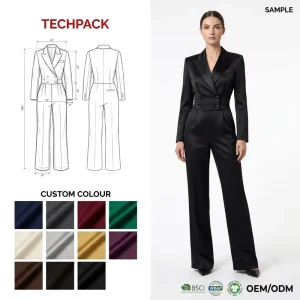Women’s Custom Charcoal Grey Asymmetric Tuxedo Jumpsuit Satin Eco Friendly Breathable Lapel Wrap style Closure Wide Leg One
