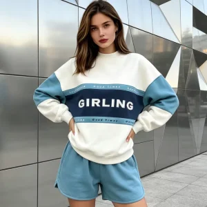 Women’s Custom Color Block Crewneck Sweatshirt Set High Quality Casual Heavyweight Cotton Fleece Embroidered Pullover