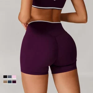 Women’s Custom Contrast Color Tummy Control Yoga Shorts Cross V Waist Tight Fitness Leggings Solid Peach Hip Running Gym Shorts