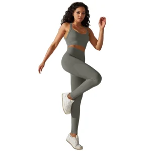 Women’s Custom Front/Waist High Waist Cross Back Bra Long Legging Yoga Set Solid Elastic Breathable Spandex Nylon Sleeveless