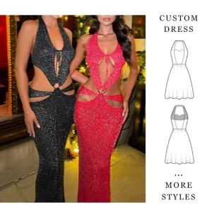 Women’s Custom Glitter Knit Halter Maxi Dress Cutout O Ring Detail Bodycon Party Dress China Factory Low MOQ