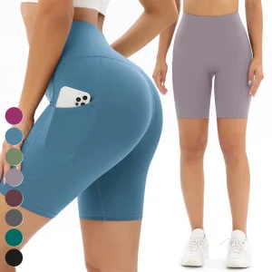 Women’s Custom High Waist Butt Lift Yoga Shorts Quick Dry Gym Fitness Leggings with Pockets Solid Pattern Biker Workout Wear