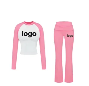 Women’s Custom Logo Color Block Raglan Sleeve Top & High Waist Flared Pants Set Two Piece Outfit Casual Loungewear Activewear