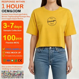 Women’s Custom Logo Cropped Cotton T Shirt Oversized Short Sleeve Crewneck Crop Top Casual Streetwear Graphic Tee