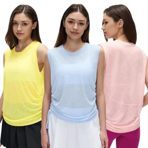 Women’s Custom Logo Sleeveless Yoga Vest Overshirt Summer Slub Yarn Lightweight Running Fitness Loose Fit T-shirts
