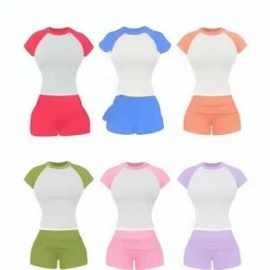 Women’s Custom Logo Summer Cotton Jersey Loungewear Set Raglan Sleeve Color Block Foldover Waist Shorts Knee Solid Pattern Top