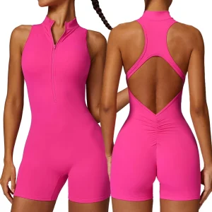 Women’s Custom Logo Tummy Control Workout Sports Bodysuit Jumpsuit One Piece Yoga Romper Short Jumpsuit