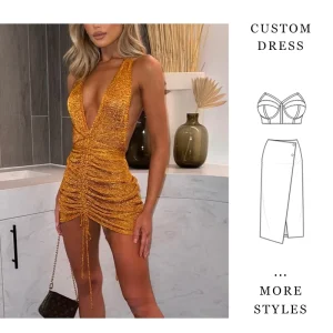 Women’s Custom Luxury Gold Glitter Halter Mini Dress Deep V Ruched Drawstring Backless Bodycon Dress China Factory