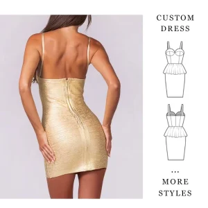 Women’s Custom Luxury Gold Metallic Bandage Dress Sleeveless Square Neck Bodycon Mini Dress China Factory Low MOQ