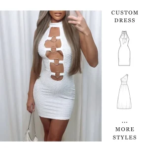 Women’s Custom Luxury White Textured Dress O-Ring Cutout Sleeveless Bodycon Mini Dress China Factory Low MOQ