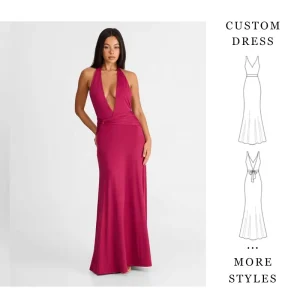 Women’s Custom Magenta Maxi Dress Halter Deep V Neck Twisted Waist Sleeveless Evening Party Dress China Factory Low MOQ