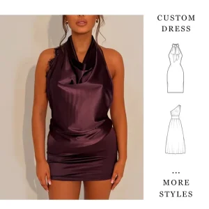Women’s Custom Plum Mini Dress Halter Cowl Neck Satin Lace Trim Ruched Bodycon Party Dress China Factory Low MOQ