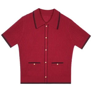 Women’s Custom Soft Wool Blend Polo Collar Short Sleeve Cable Knitted Cardigan Sweater
