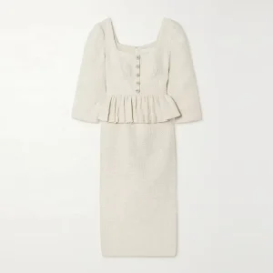 Women’s Custom Spring Autumn Beige Square Neck Long Sleeve Elegant Casual Tweed Midi Dress with Natural Waist