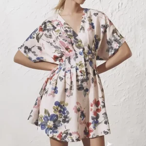 Women’s Custom Summer Flowy Casual Floral Print Mini Shirt Dress Button Front Pleated by Linen