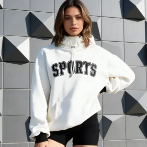 Women’s Custom White 100% Cotton French Terry Pullover Hoodie, High Quality Comfort Casual Chenille Embroidery Hooded Sweatshirt