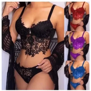 Women’s Cute Floral Satin Lace Lingerie Set Sexy Push-up Bralette and Panty Perspective See-Through Underwear