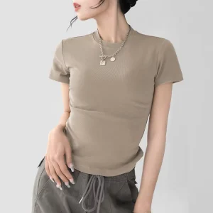 Women’s Cute Gym Basic T Shirts Summer Tight Tops Crop Short Sleeve Slim Fit Tee Shirt