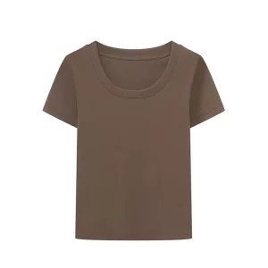Women’s Cute Short Sleeve Ribbed Knitted Cotton Base Layer T Shirt with U Neck for Outerwear