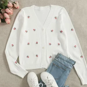 Women’s Cute Style Autumn Spring Cardigan Coat Sweater Knitted Long Sleeve Overall with Floral Embroidery and Button up Design