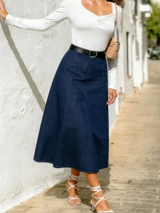Women’s Dark Blue High Waist Bodycon Frayed Denim Flared Long Skirt, Knee Length Wrap Skirt