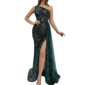 Women’s Dark Green Off Shoulder Sequin Chiffon Summer Evening Gown Feather Trim High Slit A Line Prom Dress