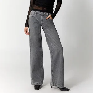 Women’s Dark Grey Denim Jeans Low Waist Straight Leg Cotton Denim Full Length Jeans